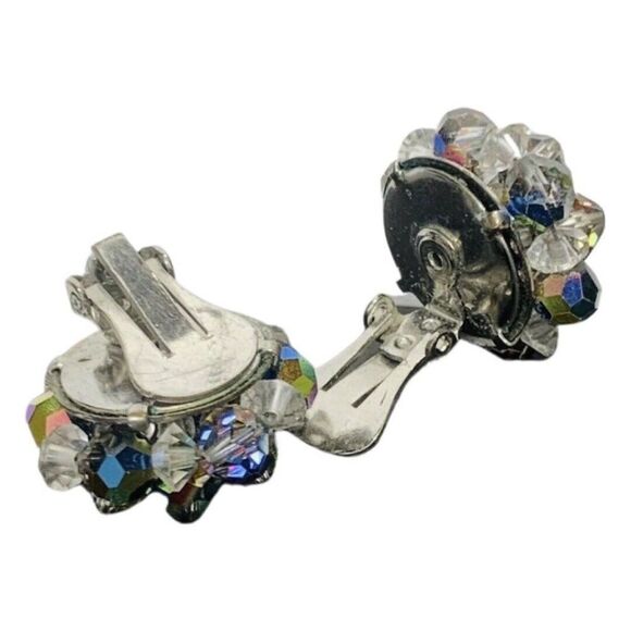 Womens Sparkly Aurora Borealis Crystal Flower Vintage Button Clip On Earrings - Picture 3 of 9